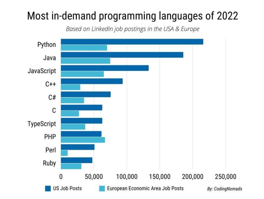 Najpopularniejsze j. programowania. Im dany język popularniejszy, tym większa społeczność i więcej materiałów edukacyjnych do wyboru