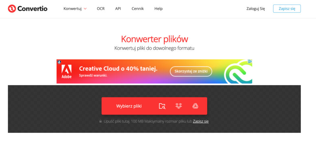 Screenshot strony głównej Convertio.co, konwertera online, do zmiany formatów plików